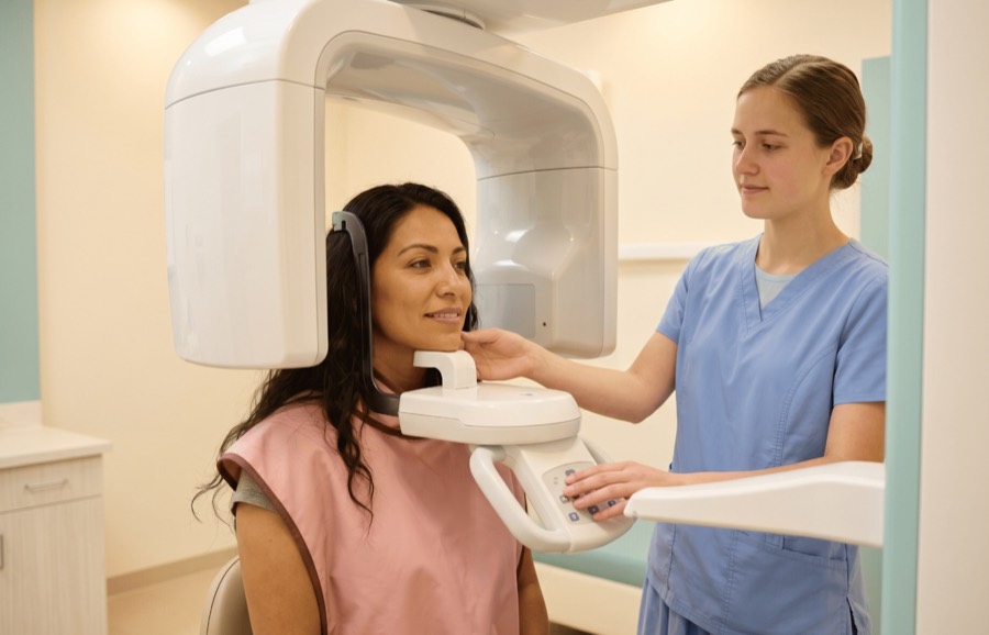 Paciente realizándose una ortopantomografía (radiografía panorámica dental)